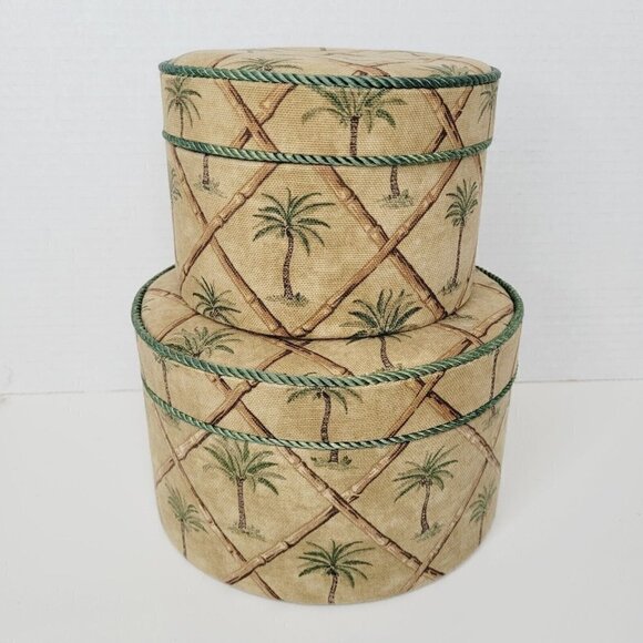 Vintage 2pc Sewing Box Storage Round Palm Trees & Bamboo Storage 7.25" & 5.5" - Picture 1 of 12